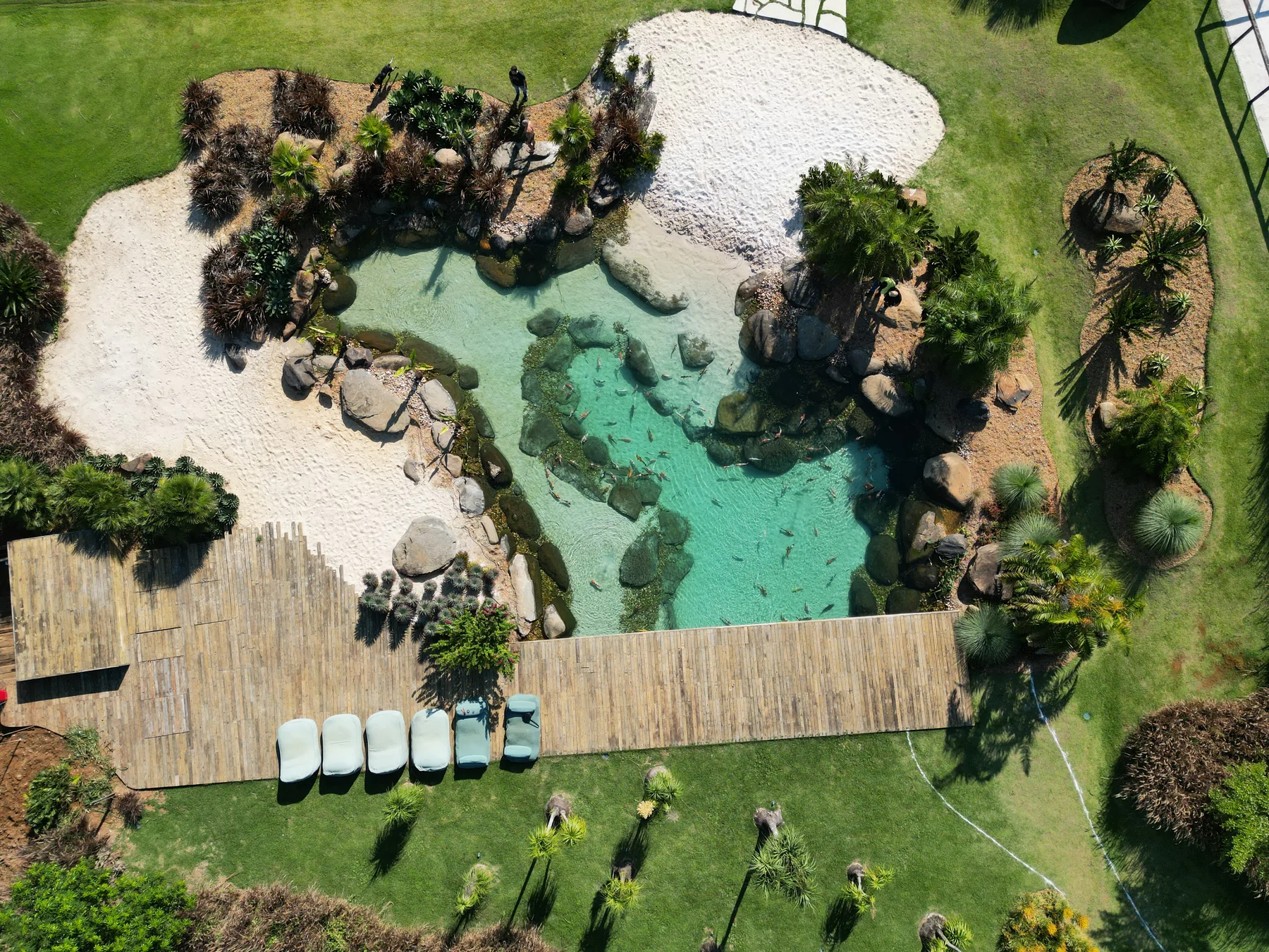 Vista aérea de lago ornamental com deck e paisagismo